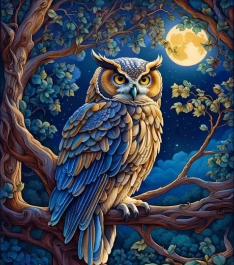 Pictură cu diamante – bufniță la lună plină 30 × 40 cm