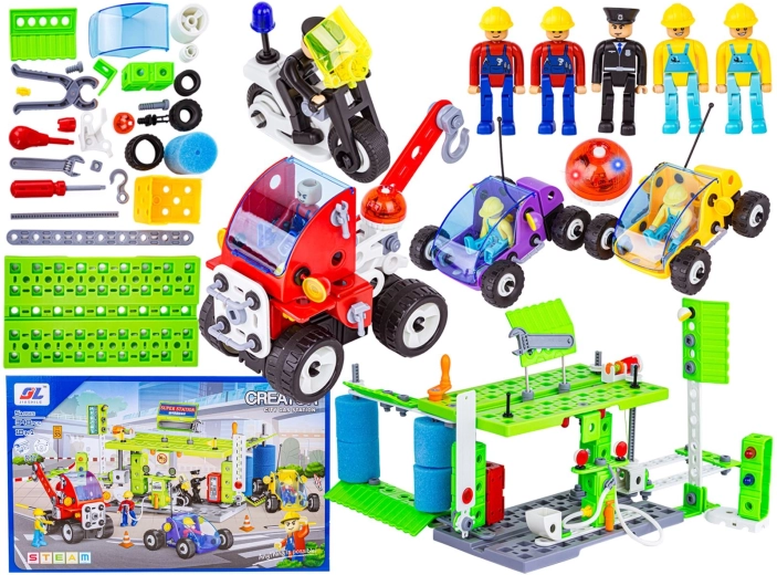Set de construcție oraș 340 de piese – vehicule și stație de alimentare 10în1