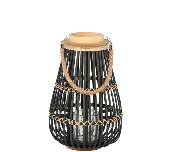 Lampion din lemn 25 × 40 cm cu inserție din sticlă – negru