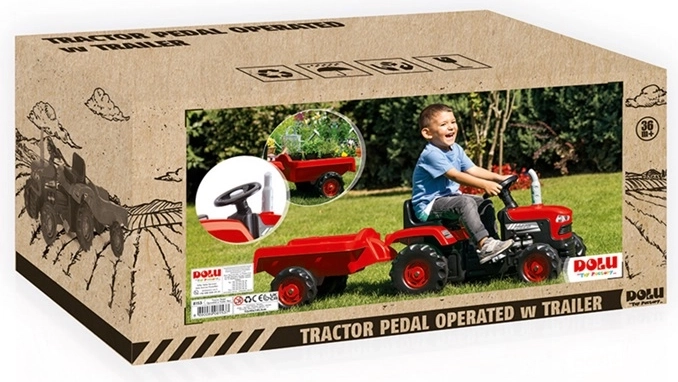 Dolu tractor cu pedale pentru copii cu remorcă, roșu