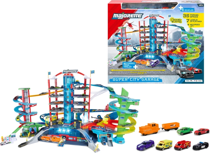 Majorette Super City Garage garaj cu șapte niveluri, cu 6 mașinuțe și trenuleț