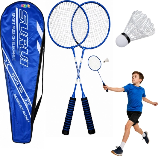 Set de badminton – 2 rachete, fluturaș din plastic și husă (albastră)