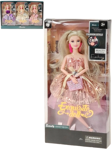 Păpușă la modă blondă în rochie de bal sclipitoare cu geantă și cercei - 1 bucată