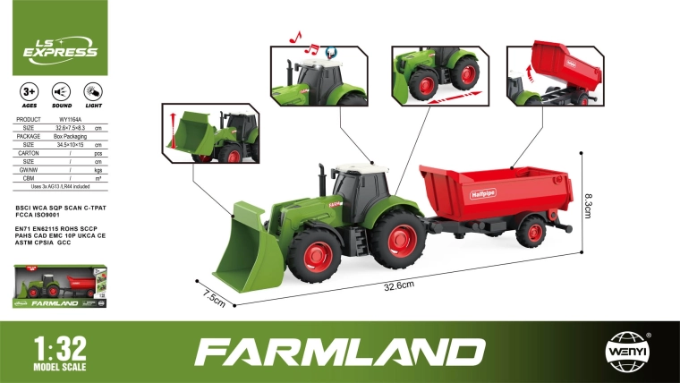 Tractor verde cu remorcă roșie, lumini și sunete 1:32
