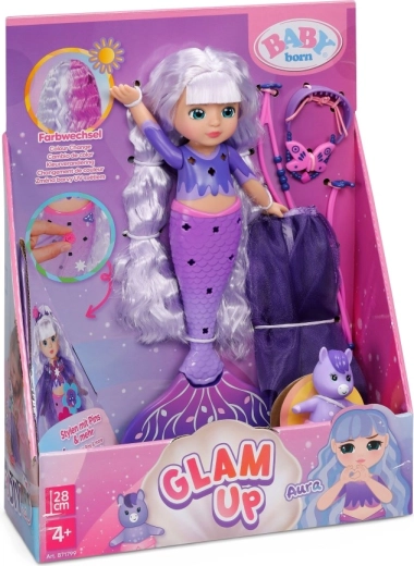 BABY born sirenă Aura Glam Up cu păr care își schimbă culoarea