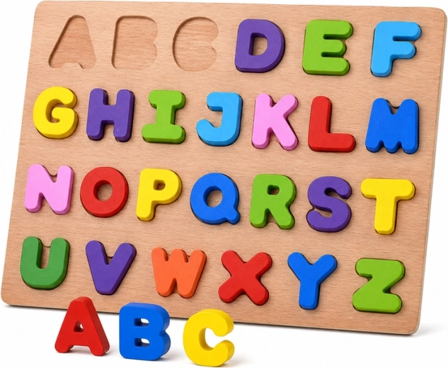 Puzzle din lemn alfabet – litere colorate (26 de piese)