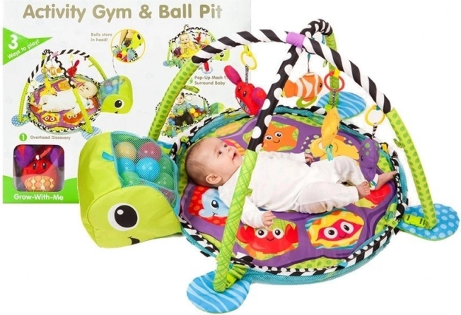 Covoraș educațional de joacă pentru bebeluși țestoasă 3‑în‑1 cu bazin și bile