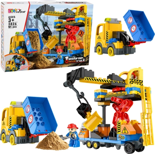 Set de construcție cu tematică de șantier, macara și autobasculantă, 91 de piese