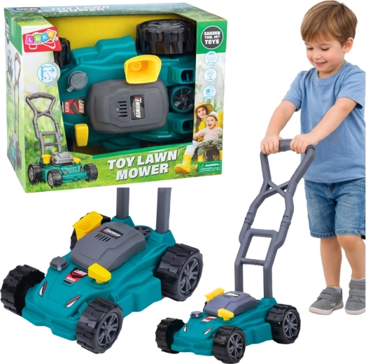 Mașină de tuns iarba pentru copii, de împins, cu lumini și sunete – turcoaz