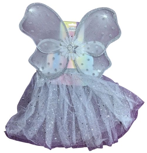 Costum de zână cu aripi argintii și fustă tutu albă
