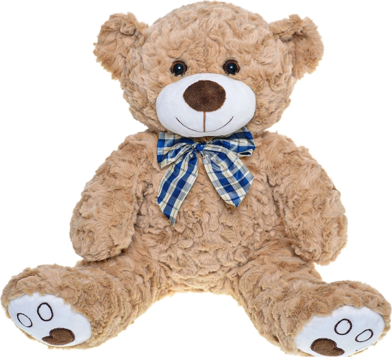 Ursuleț de pluș maro deschis, în poziție șezândă, cu fundă, 30 cm