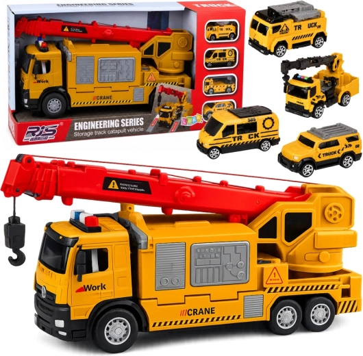 Camion macara galben cu transportor de vehicule, cu lumini și sunete (4 mini vehicule)