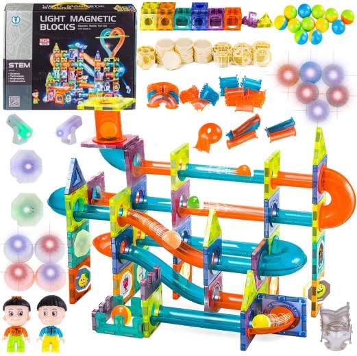 Set de construcție magnetic luminos cu pistă pentru bile – 202 piese