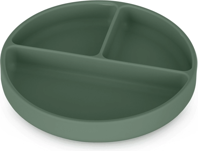 Farfurie din silicon cu compartimente și ventuză PETITE&MARS Take&Match Misty Green, rotundă, 6m+