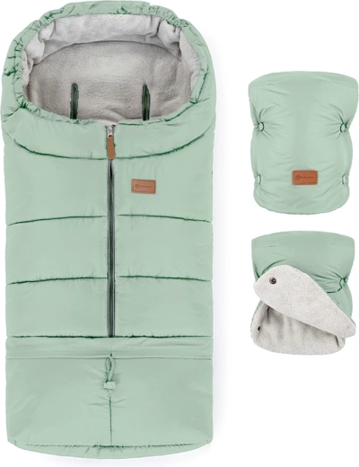 Set de iarnă Petite&Mars: sac de iarnă Jibot 3în1 și mănuși pentru cărucior Jasie pale eucalypt