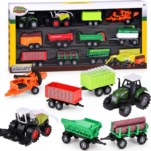 Set de vehicule agricole cu tractor, combină și remorci – 12 piese
