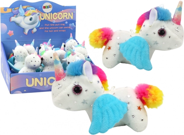 Unicorn de pluș cu mecanism cu sfoară, săltăreț – alb