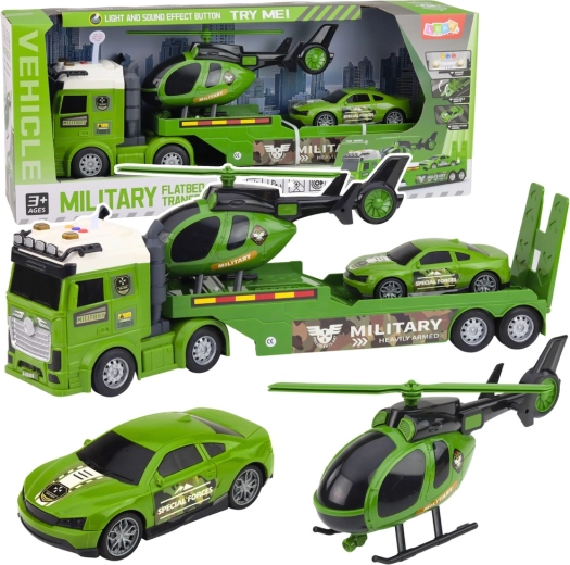 Set militar – camion cu semiremorcă, elicopter și mașină cu lumini și sunete