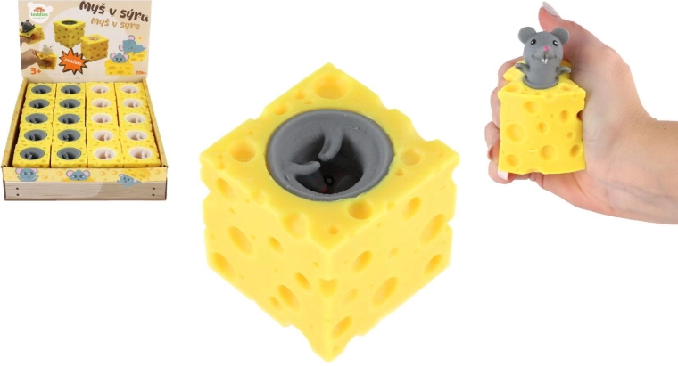 Jucărie antistres de strâns Șoricel în cașcaval, 2 culori