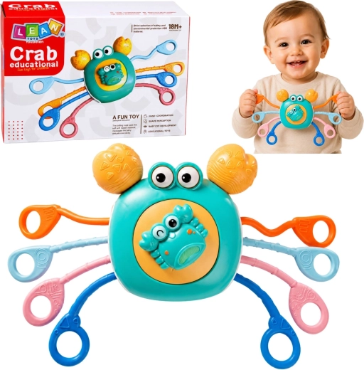 Crab senzorial pentru bebeluși – inel de dentiție și zornăitoare albastru