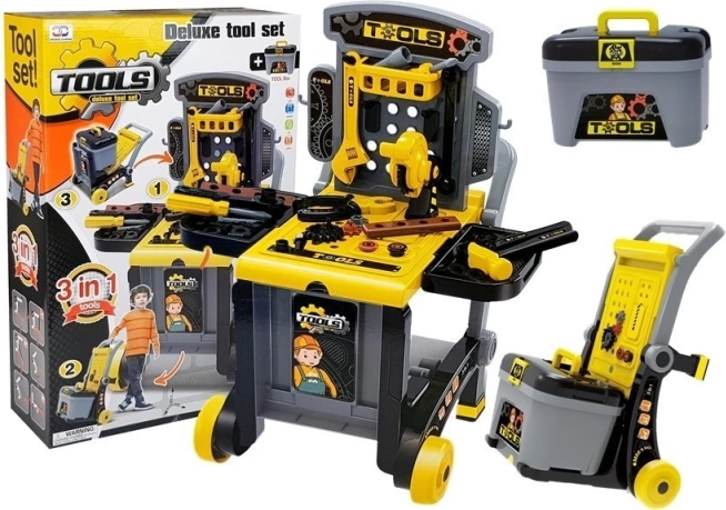 Masa de lucru pentru copii 3‑în‑1 cu cărucior și trusă de scule