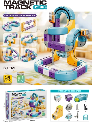 Set de construcție magnetică pistă de curse cu mașinuță, 54 de piese