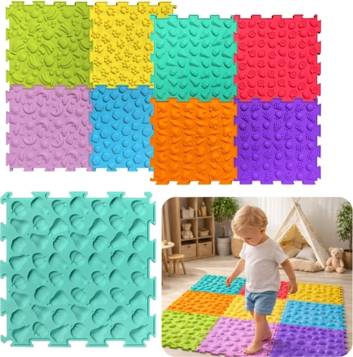 Covoraș puzzle senzorial – plăci texturate colorate 24,5 cm, set 10 buc