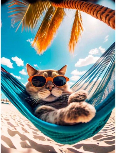 Pictură cu diamante – pisică într-un hamac 30 × 40 cm