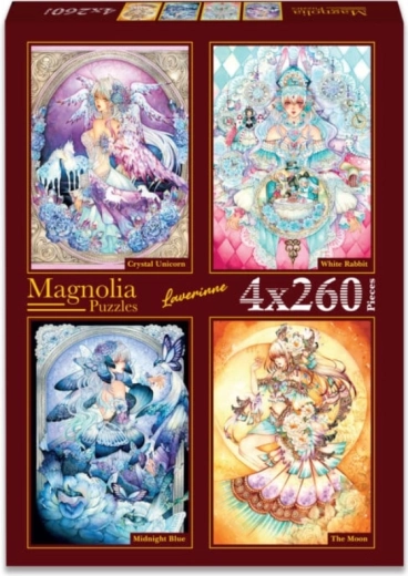 Puzzle Magnolia unicorn de cristal, iepure alb, albastru de miezul nopții și lună 4×260 piese