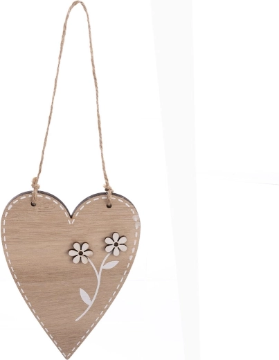 Decorațiune suspendată din lemn, inimă cu floare, bej, 13 cm