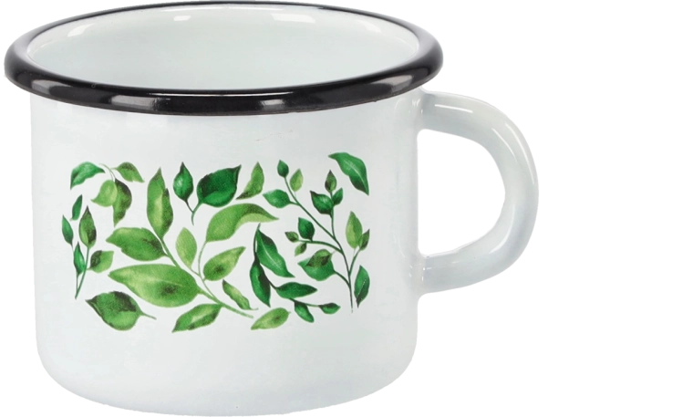 Cană emailată 0,5 l albă cu motiv de ficus