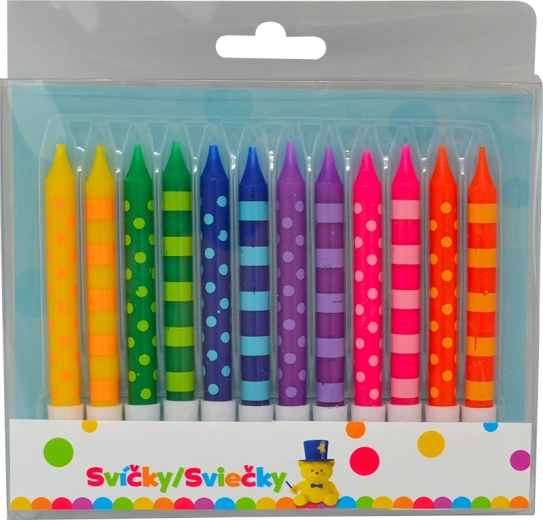 Lumânări de aniversare 8 cm cu buline și dungi, 12 buc.