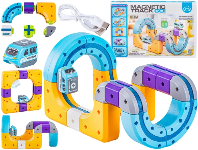 Set de construcție magnetic – pistă magnetică cu trenuleț, 39 de piese