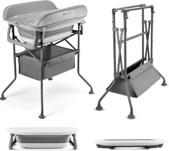 Kinderkraft masă de înfășat cu cădiță Bubbly Grey – masă de înfășat pliabilă și cădiță pentru bebeluși
