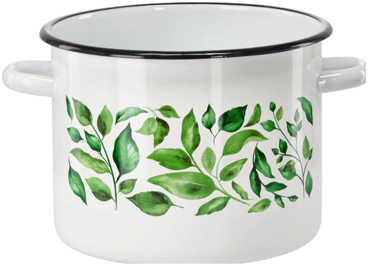 Oală emailată 5,5 l 22 cm albă cu motiv Ficus