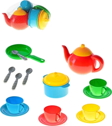 Set pentru copii din plastic – veselă pentru ceai și gătit, în plasă (16 buc.)