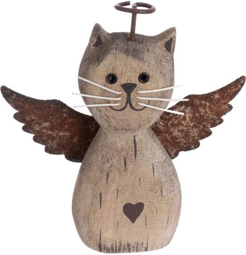 Decorațiune pisică din lemn de paulownia și metal, bej, 12 cm