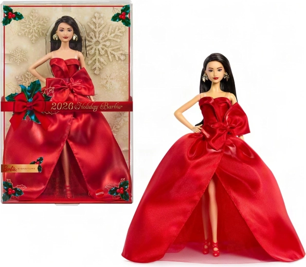 Mattel Barbie Signature păpușă colecționabilă de Crăciun 2026 cu păr negru, în rochie roșie