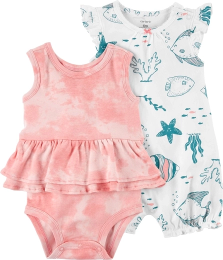 Set Carter's din 2 piese pentru bebeluș – body fără mâneci și salopetă de vară cu mânecă scurtă, Ivory Ocean, pentru fete