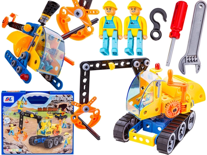 Set de construcție 6 în 1 – utilaje și vehicule de construcții (mașină, macara, elicopter)