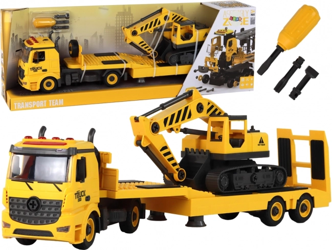 Autospecială de tractare pliabilă cu excavator pe șenile, cu lumini și sunete – set DIY galben