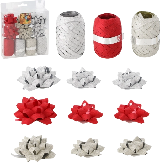Set pentru împachetat cadouri – auriu, roșu și argintiu (4 panglici + 11 fundițe)
