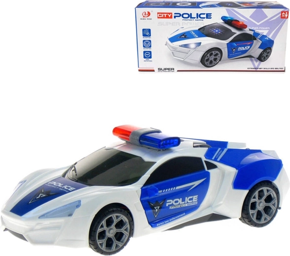 Mașină de poliție pe baterii cu lumină și sunet, cu funcție de lovire și rotație 360°