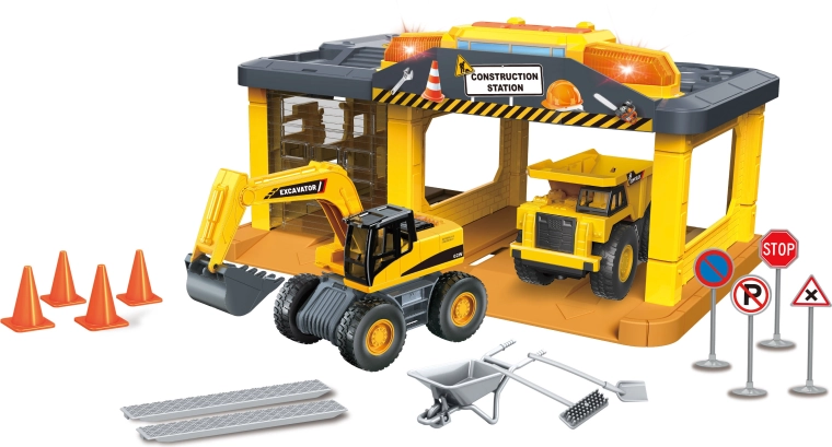 Garaj de construcții cu excavator, camion și accesorii cu lumini și sunete