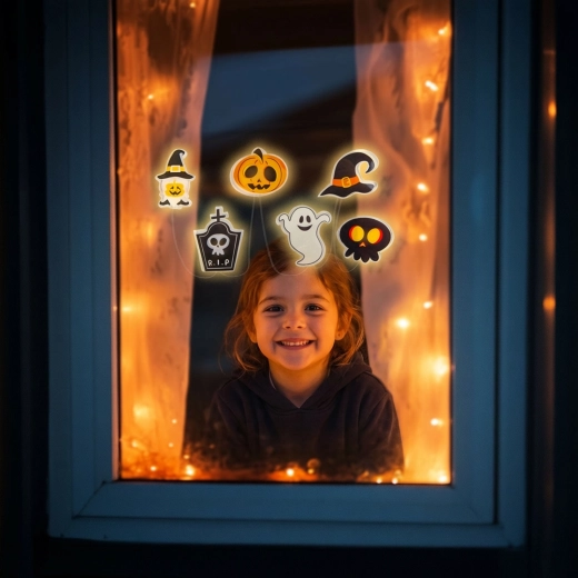 Decorațiune LED de Halloween pentru fereastră, cu dovleci din gel, 85 cm