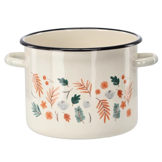 Oală emailată 5,5 l, diametru 22 cm, crem cu motiv frunze