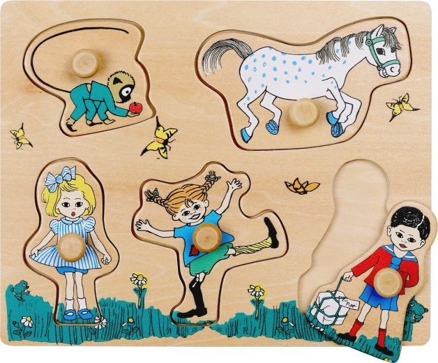 Puzzle din lemn cu mânere și tablă de potrivire a formelor Pippi Șosețica