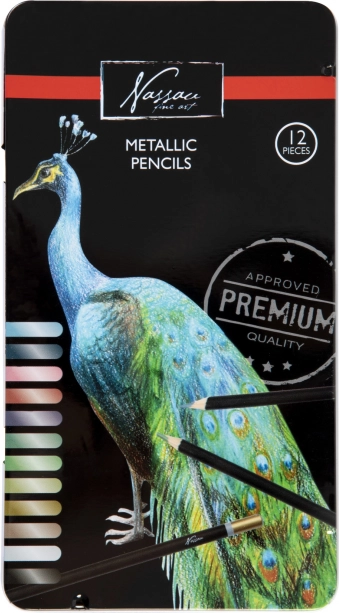 Creioane colorate metalice Nassau, 12 bucăți, în cutie de tablă