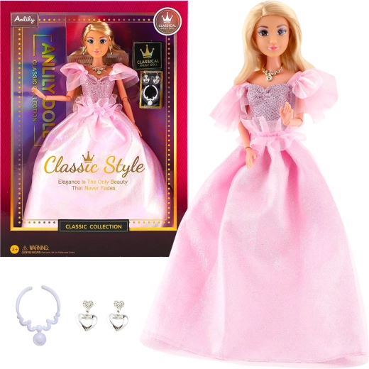 Păpușă la modă în rochie roz de seară