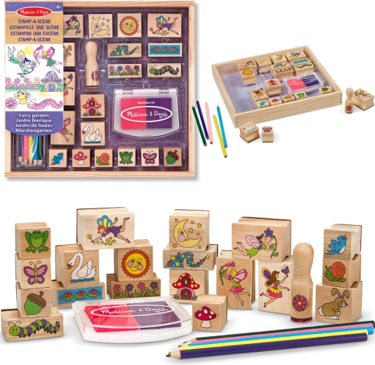 Melissa & Doug set creativ ștampile din lemn Grădina zânelor (20 de motive, cerneală și creioane colorate)
